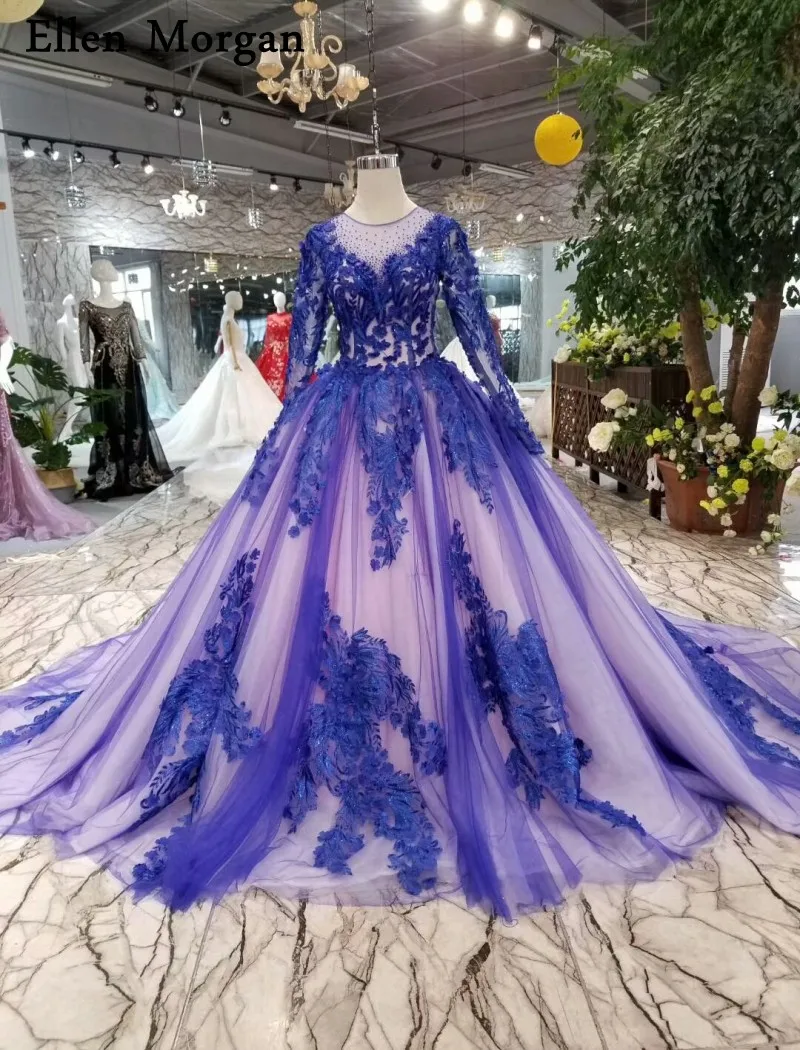 Королевская Синяя Длинные рукава кружевные свадебные платья 2019 Vestido De Noiva вышивка бисером узор высокое качество свадебные платья в стиле