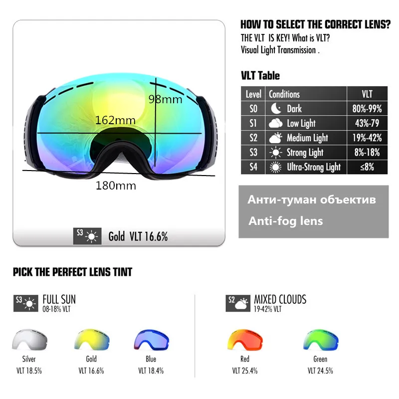 Сноуборд лыжные очки двухслойные противотуманные линзы большое видение фотохромные UV400 Маска Зимний снег снегоход очки оригинальная коробка