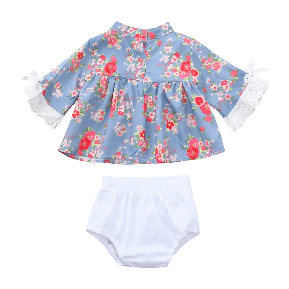 

2018 Summer baby girl clothing set Mid sleeve lace flower print top Solid color shorts Casual Fashion Girls Clothes