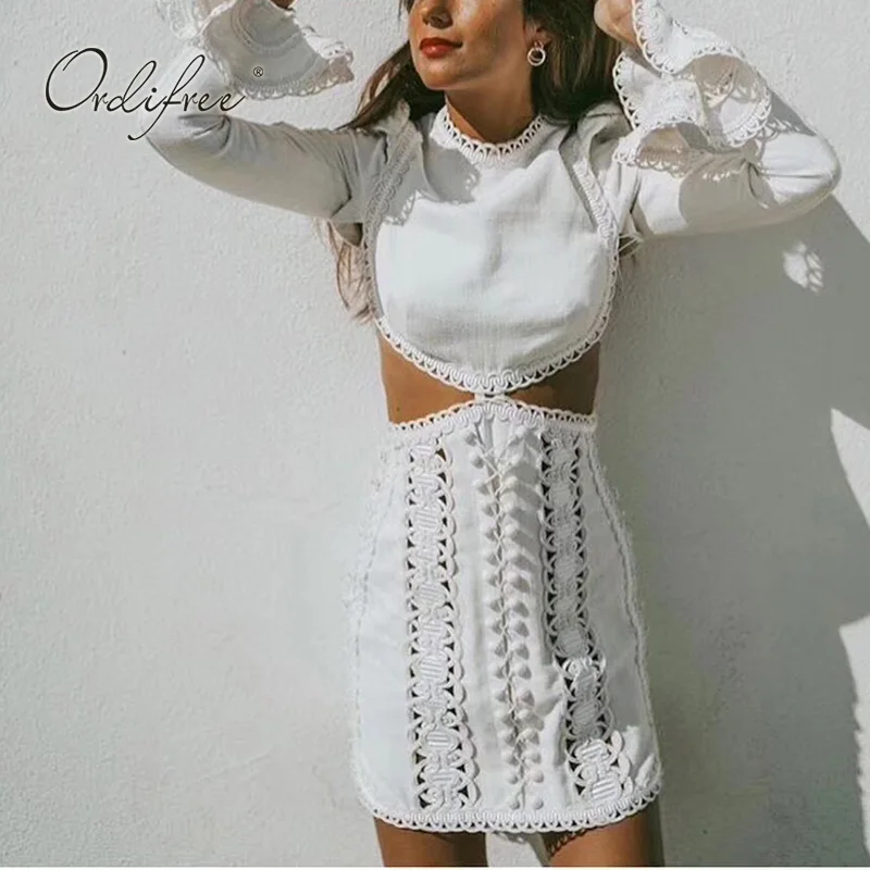 

Ordifree 2019 Summer Elegant Women Sexy Mini Party Dress Short Lace Up Long Sleeve White Embroidery Sexy Bodycon Dress