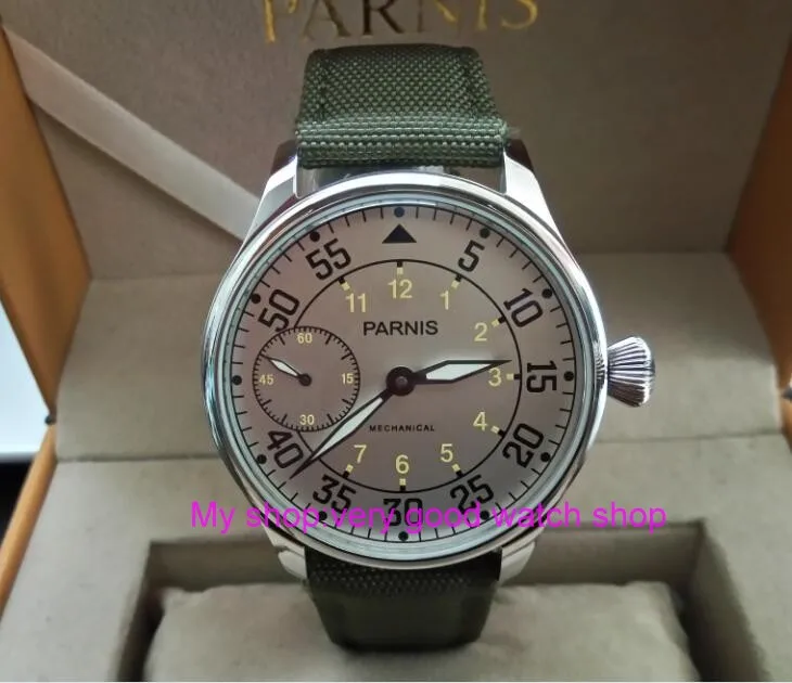 

44mm PARNIS Milk-white dial Asian ST3600/6497 Mechanical Hand Wind movement Mechanical watches men's watches sdgd039A