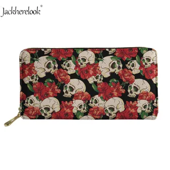 

Jackherelook 3D Sugar Skull Head Floral Printed Zipper Wallets Woman Long PU Leather Purse Fashion Brand Card/Cash/Phone Holder