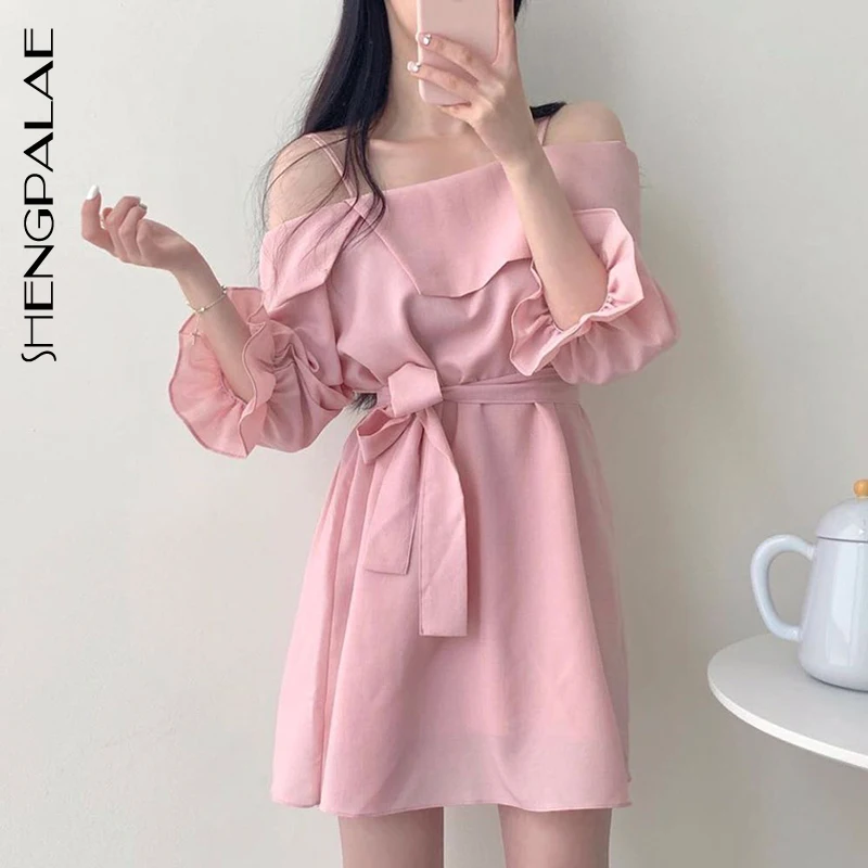 SHENGPALAE 2020 New Spring Japan Korea Women Above Knee Mini Slash Neck With Sashes Half Flare Sleeve A-line Dress FR350 | Женская
