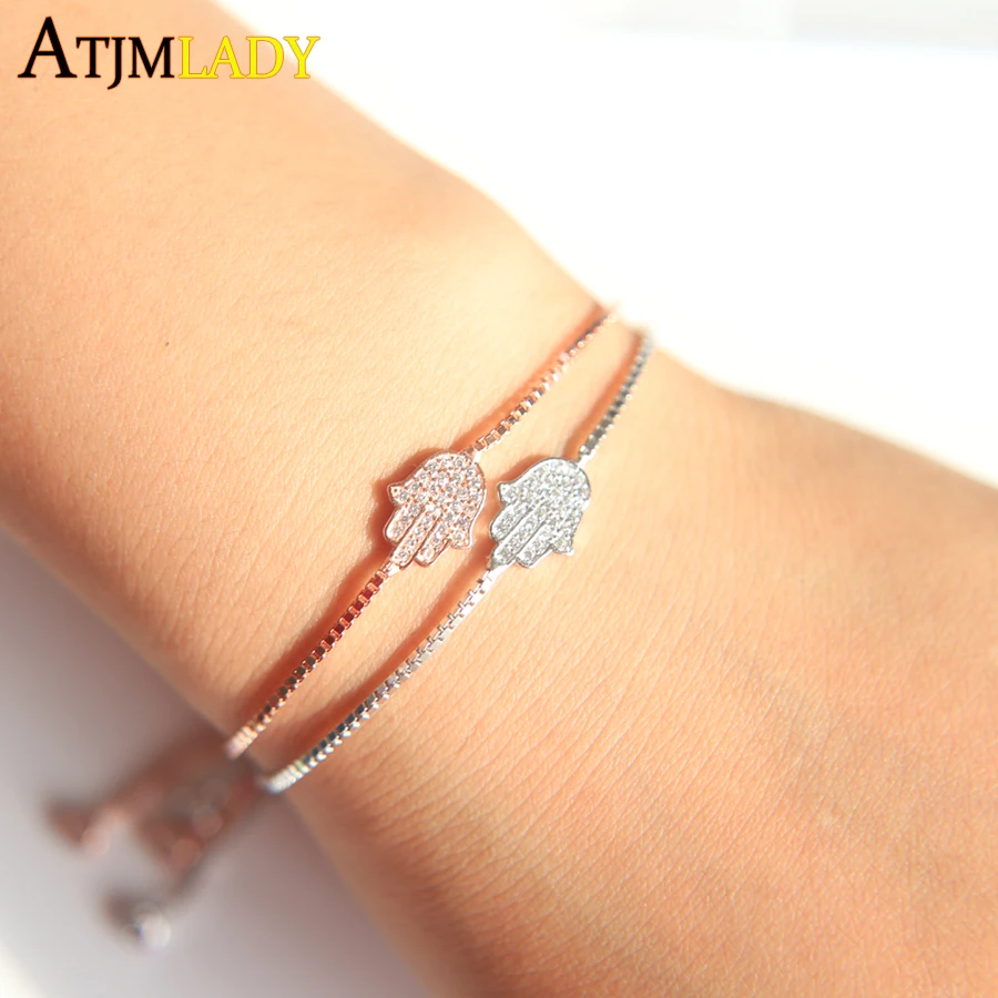 

2018 New Lovely Link Chain Adjustable Bracelets 925 Sterling Silver Jewelry CZ Crystal Palm Hamsa Charms Bracelet For Women