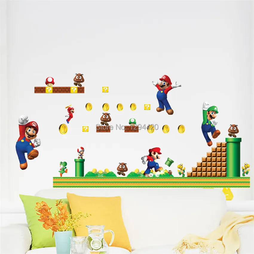 Новые Аниме игры наклейки на стену супер забавные Марио 3d Виниловые наклейки детская комната детская декорация мультфильм обои 70*50 см