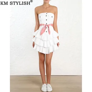 

2019 Vacation New Tube Top Belt Ruffled Layered White Dress High-end Wrapped Sexy Single-breasted Denim Cake Dress with Ribbon