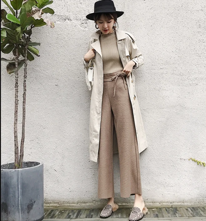 

Pantalon Femme 2019 Autumn Woolen Wide Leg Pants Elastic High Waist Straight Trousers Vintage Casual Loose Women Pants BV21