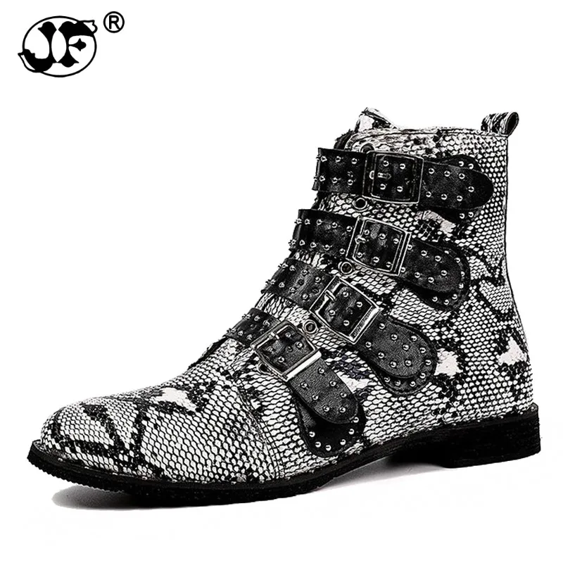 

2019 Winter Rivets Ankle Boots For Women Zip Snake Black Leather Buckle Shoes Square High Heels Ladies Shoes Women 869