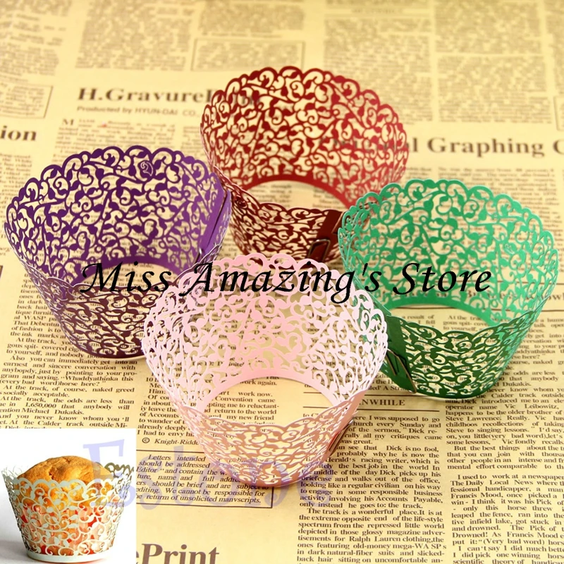 24pcs Laser Cut Lace Wedding Cupcake Wrapper Filigree Vine Wraps Collars Cups Bridal Shower