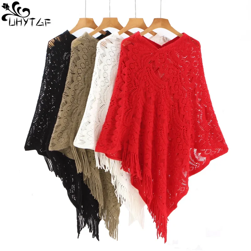 

UHYTGF Spring Autumn Shawl Sweaters Women Plus Size Loose Knitting Hollow Pullover Female Korean Woman Sweater Tassel Cloak 267