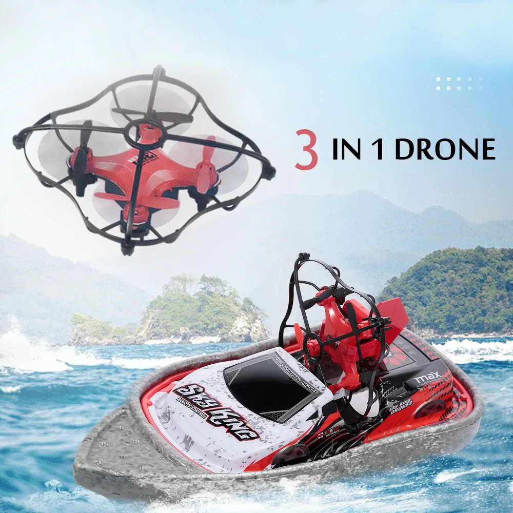 

3 in 1 Boat Drone Car Sea Air Land Mode 3-mode Altitude Hold Headless Mode One Key Return RC Drone Boat Quadcopter RTF for Kids
