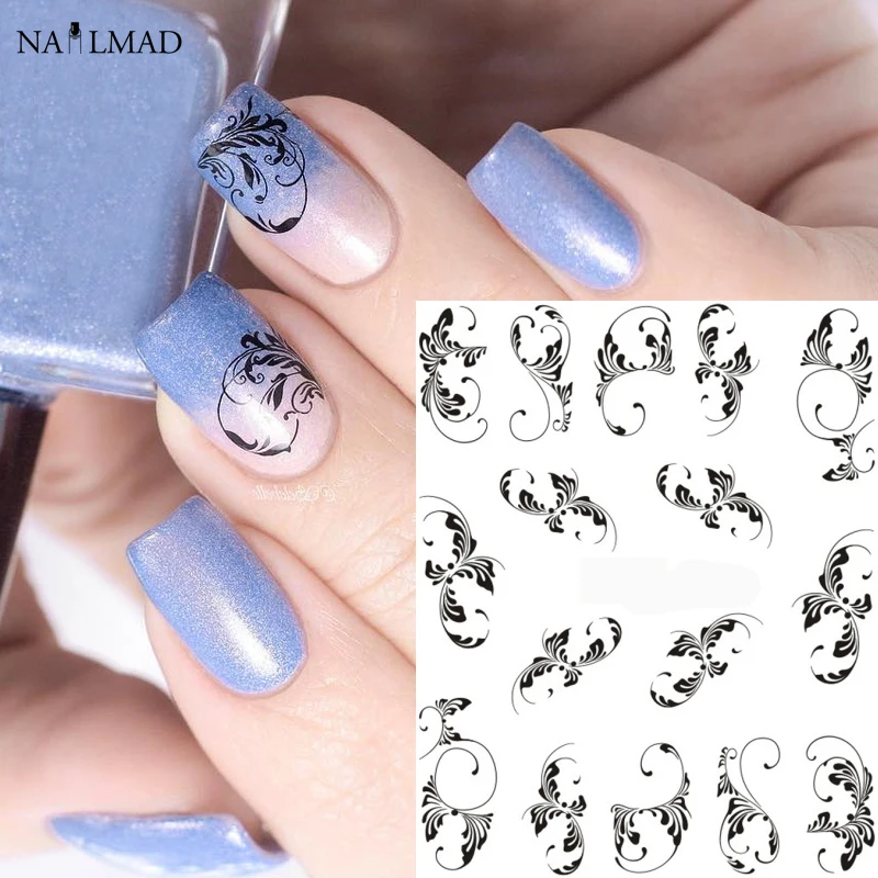 

1pc Flower Vines Nail Sticker Decals Black Lace Water Decals Swirl Nai Water Slide Decorations