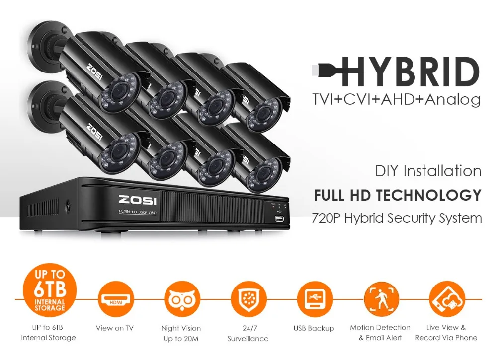 ZOSI 8CH CCTV система 1080N HDMI TVI CCTV DVR 8 шт 720P уличная инфракрасная камера видеонаблюдения 1280 TVL камера система видеонаблюдения