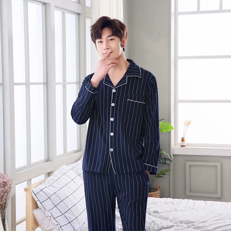 Удобная Пижама мужские хлопковые Пижамные комплекты корейские популярные мужские пижамы мужские большие размеры мягкая Ночная рубашка