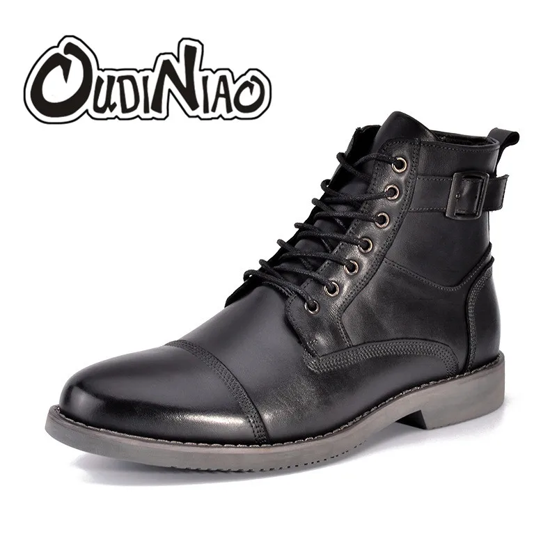 

OUDINIAO British Boots Men Low Heel Spring Fashion 2018 Mens Boots Lace Up Cow Leather Men Ankle Boots Bota Masculina