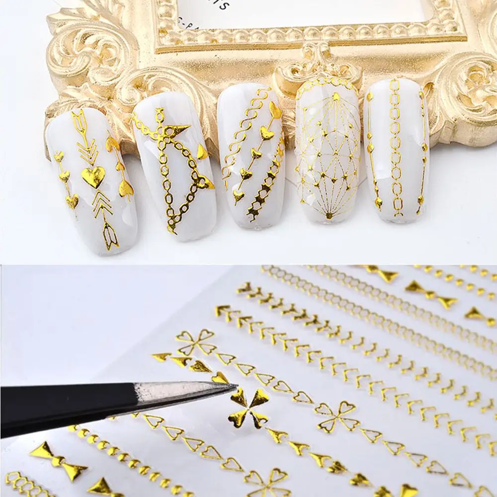 

3D Golden Nail Art Stickers Self Adhesive Hollow Chains Punk Studs Crown Cross Heart Nail Decals UV Gel Manicure DIY Decoration