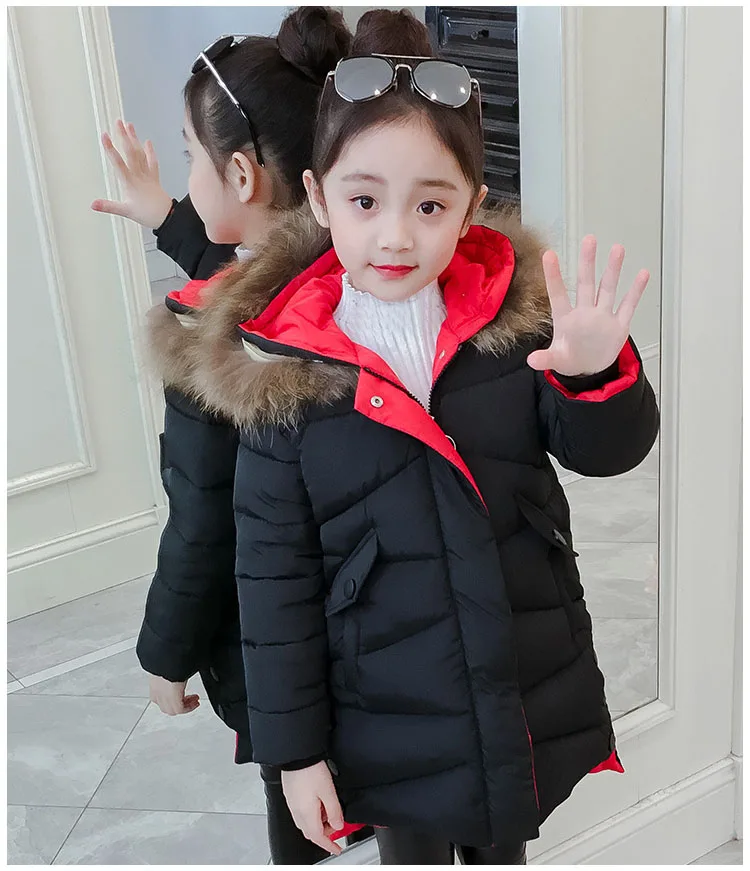 New 2018 Children Outwear Tops Winter Jacket For Girls Fashion Fur Hooded Thick Cotton-Padded Kids Long Coat Solid Parka Clothes (23)