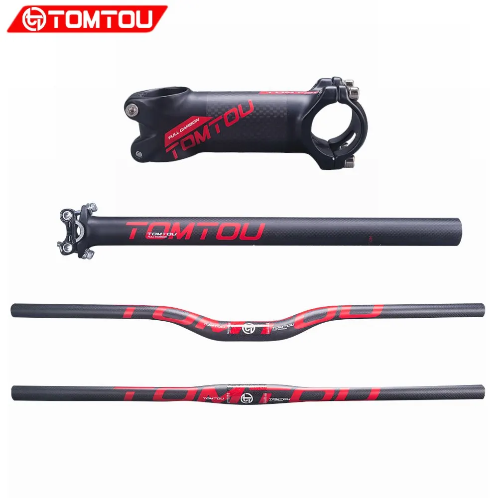 

TOMTOU Matte Red 3K Carbon MTB Bicycle Handlebar SET Mountain Bike Handlebar or Stem or Seat post Carbon High Quality - TR6T35
