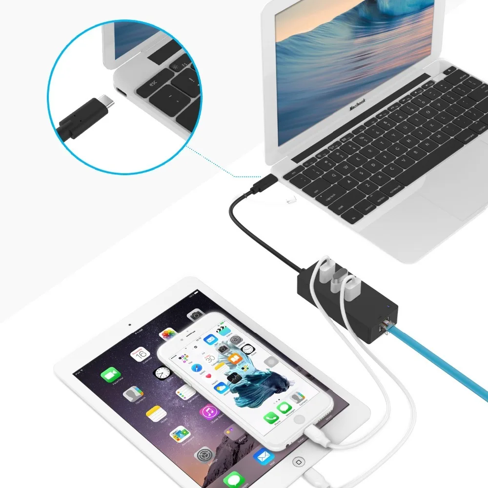 ICZI Multi-Функция Тип C USB-C Суперскоростной концентратор внешний 3 * USB 3,0 Порты с RJ45 адаптер для Тип C портативных ПК