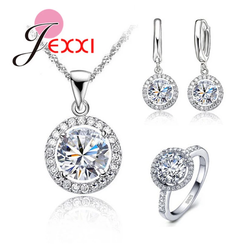 Genuine 925 Sterling Silver Jewelry Sun Flower Pendant Necklace Earrings+Rings Shining Cubic Zirconia For Women Bridal