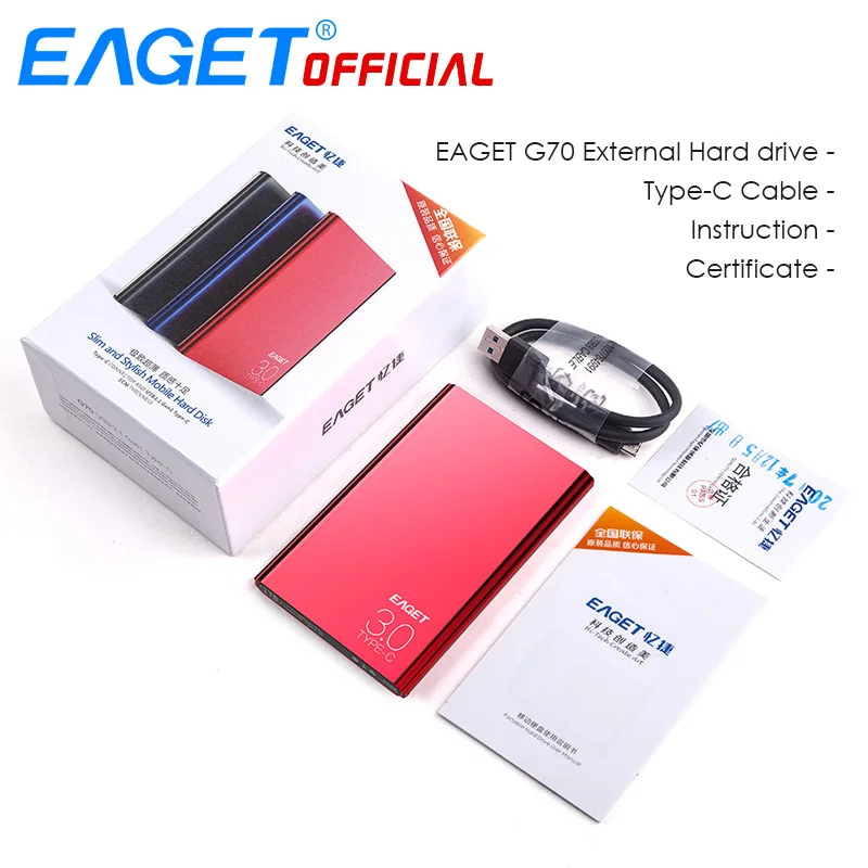 EAGET External Hard Drives 2TB 1TB HDD 2.5 inch High Speed Type C 3.0 Hard Disk Ultra-thin USB C Mobile HDD for Laptops Desktop