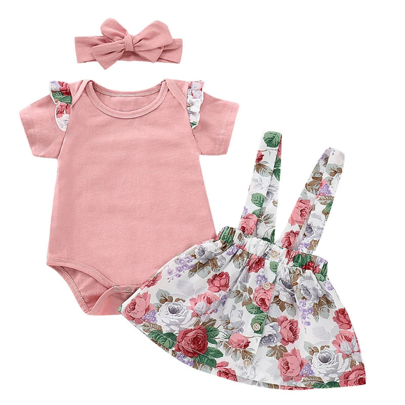Детская одежда для малышки, летний розовый Боди с короткими рукавами, юбка с цветочным рисунком, повязка на голову, костюм, одежда, милый хлопок, 3 предмета - Цвет: Розовый