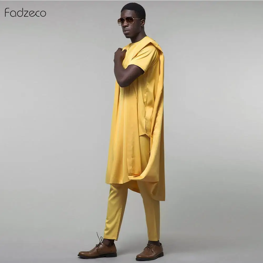 Fadzeco Agbada 2019 Мужская африканская вышивка Дашики желтый Дуду топ с коротким рукавом