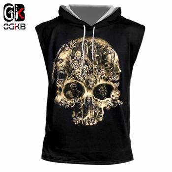 

OGKB Summer Tops Sleeveless Hoody Men's Cool Print Skull 3d Tank Top With Hood Man Hiphop Fitness Workout Casual Hooded Vest 7xl