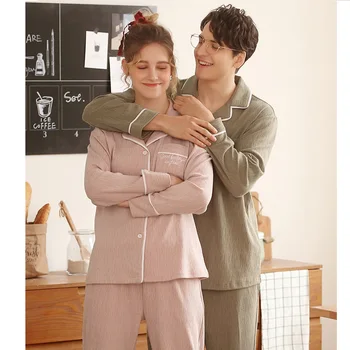 

plus size men pajamas spring cotton Pajama Set man turn down collar casual Homewear pure color sleepwear couples pijama set