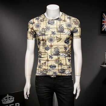 

Famous Brand Great Designer Men T shirt 2019 Summer New Short Sleeve US EU navigation buccaneer Men T-shirts Gold Yellow 91914