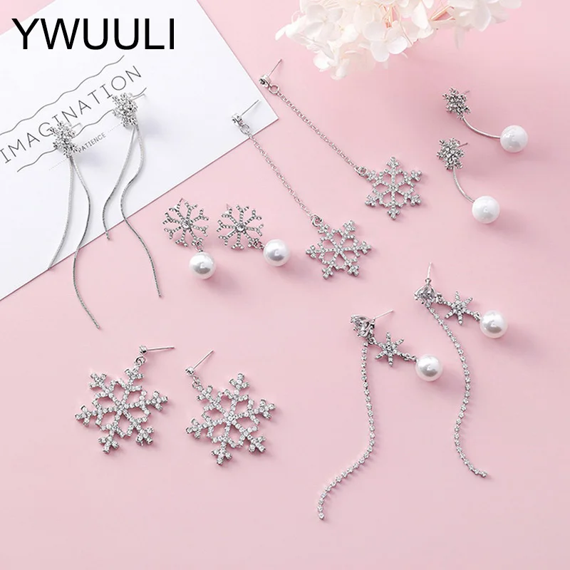 Elegant Stylish Crystal Snowflake Earrings For Women Fashion Long Tassel Earrings Imitation Pearls Pendant Drop Ear Jewelry XE19