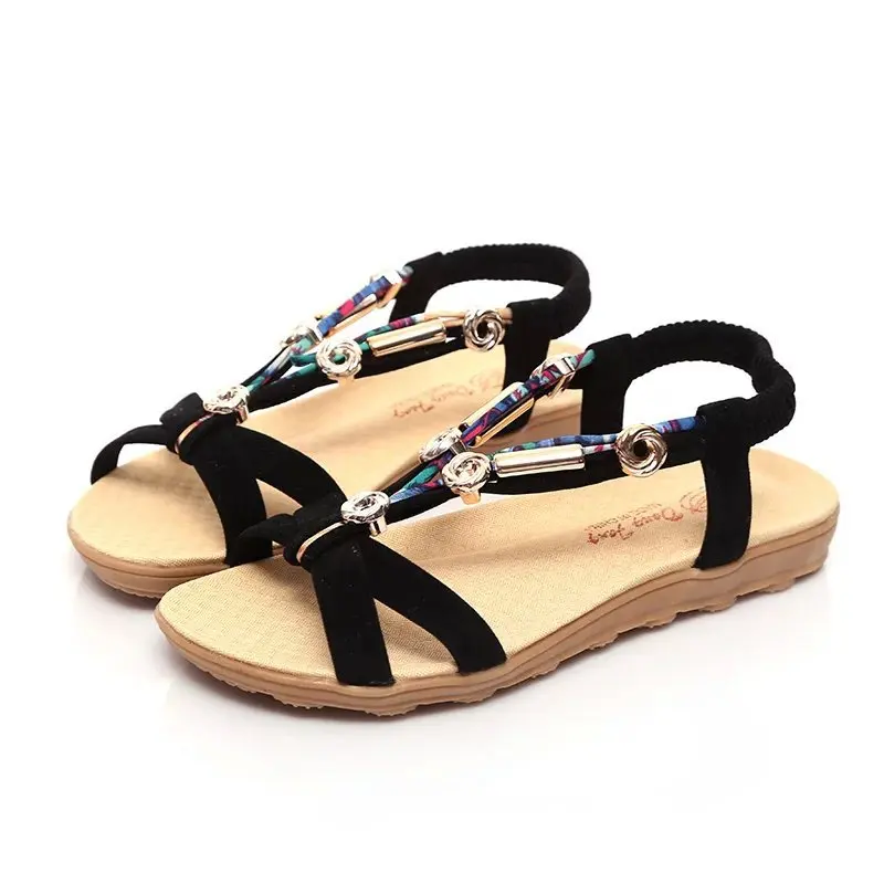 sweet Brand women shoes woman sandals Ankle-Wrap Flock Elastic band Floral Front &amp Rear Strap Flat with String Bead A465A | Обувь
