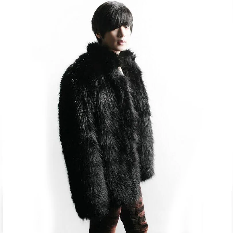 Зимнее пальто из искусственного меха, Новое мужское модное роскошное черное теплое пальто из лисьего меха, воротник Мандарин, мохнатая Меховая куртка, плюс размер S~ 3XL