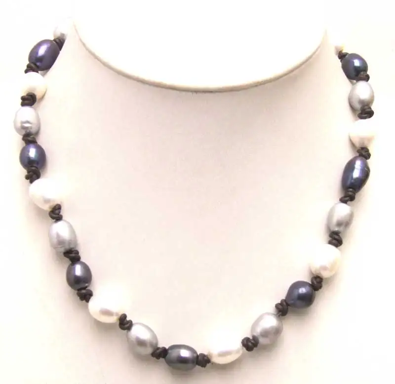 Big 10-11mm Gray Rice Natural Freshwater Pearl Necklace 18" with Leather-5905 