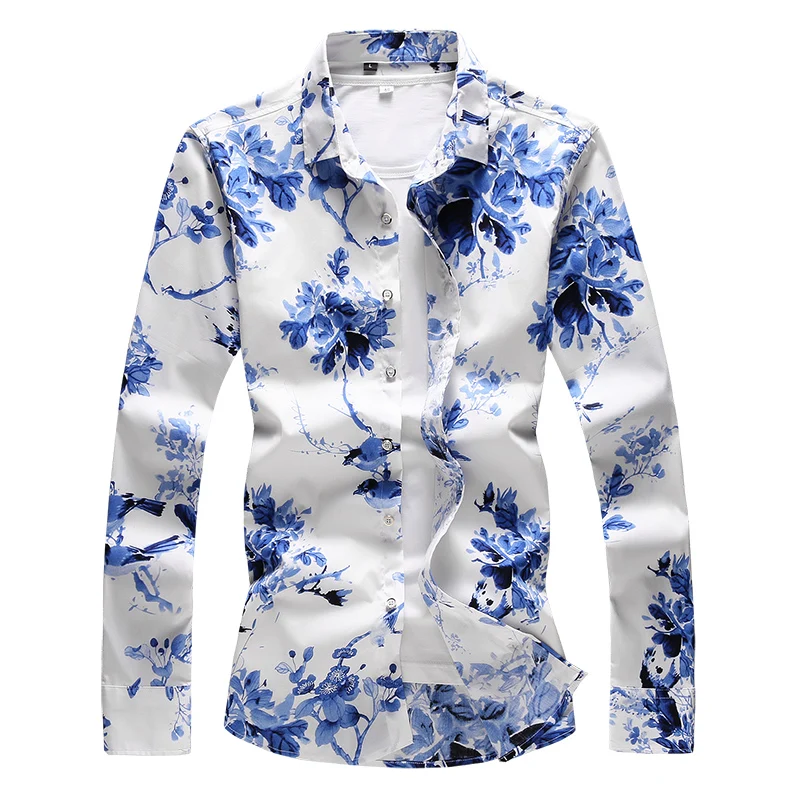 

High Quality Men's Floral Shirt 2019 New Fashion slim fit Long Sleeve Blue and white porcelain Men Shirts Flowers 6XL 7XL #7509