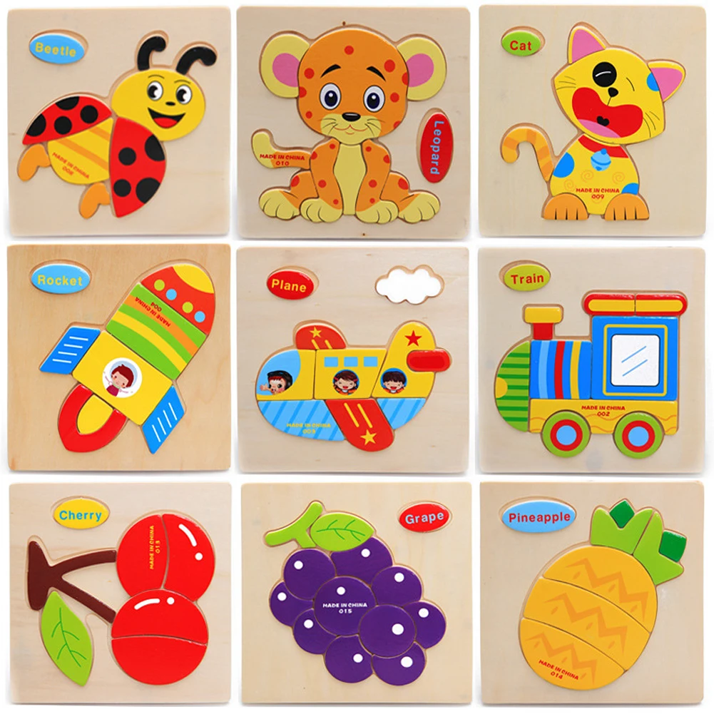 

3pcs Baby Kid Wooden Puzzle Toy Colorful Animal Building Fruit Puzzle Children Educational Toy Cartoon Puzzle Gift Randomly Sent