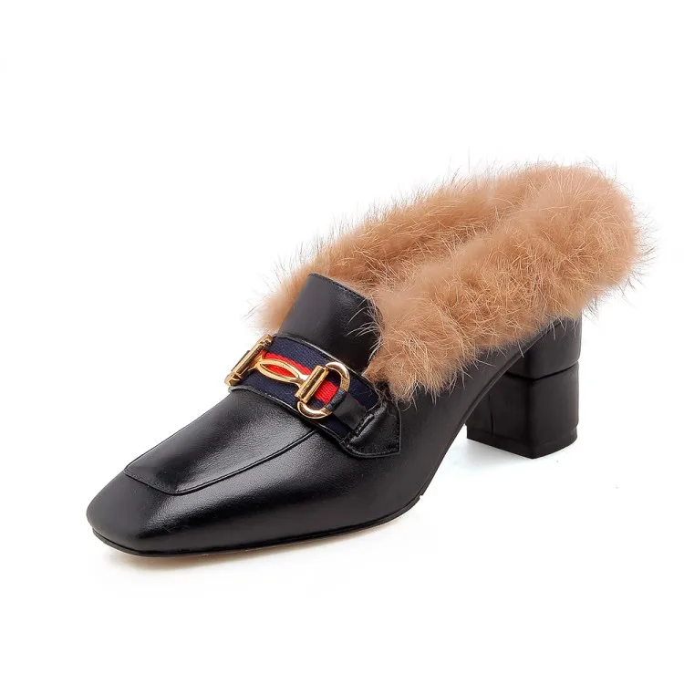 

Womens Furry Real Fur Lined Floral Metal Buckle Loafer Block Heel Shoes Square Toe