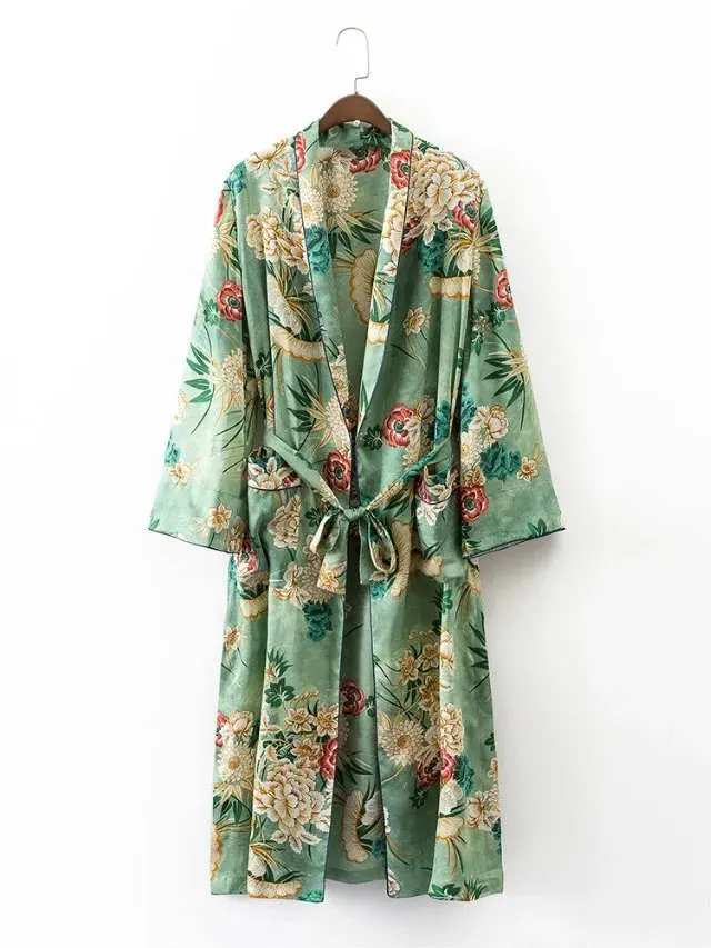 X192 для женщин Винтаж цветочный принт зеленый цвет длинный дизайн куртка кимоно верхняя одежда дамы летние двойные карманы с поясом куртки Топ