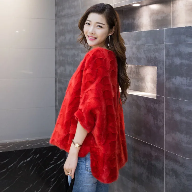 Nouveau Fourrure Vison Col souris Femmes Chauve Taro Chemise rose Red Longue Blue La Red Manteau Rond Lâche Dans black Ensembles Purple Section lake big De pink H9WYED2I