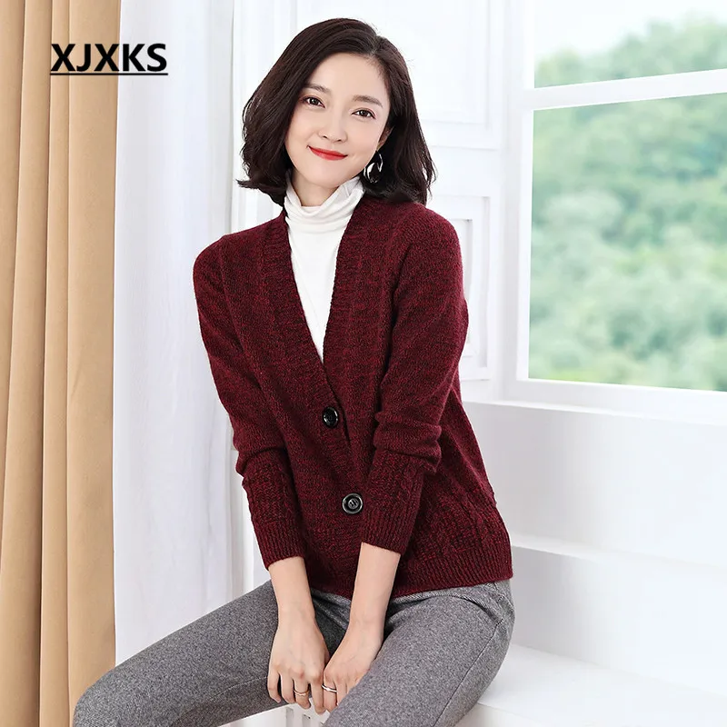 

XJXKS 2019 autumn winter new women's sweater cardigan fashion V-neck high quality cashmere knitted cardigan women's top