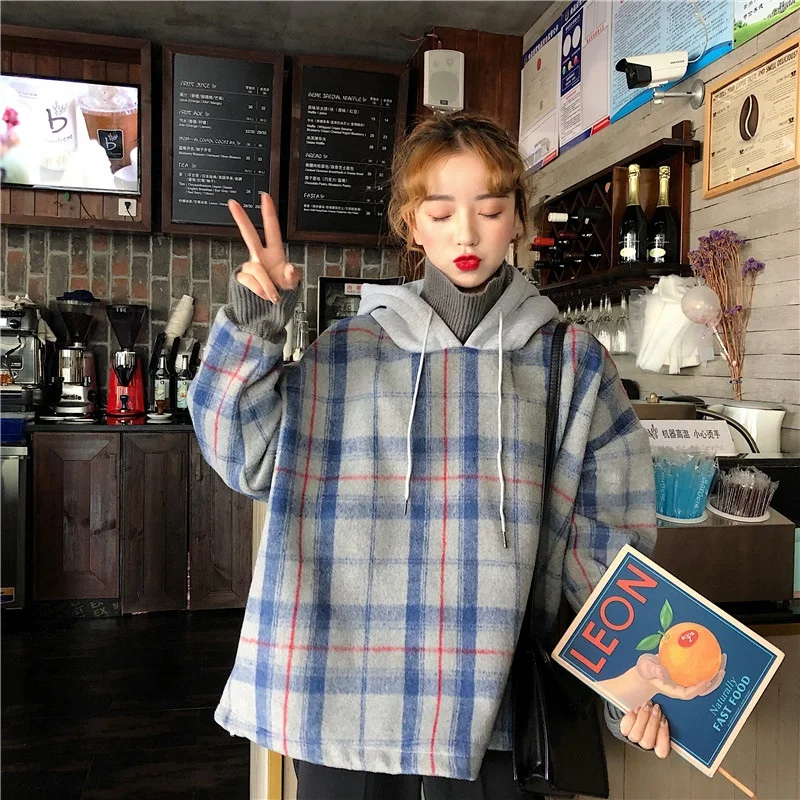 

Winter new Korean ulzzang fashion loose plaid head high collar hooded sweatshirt chic Harajuku Japanese casual women sweatshirt