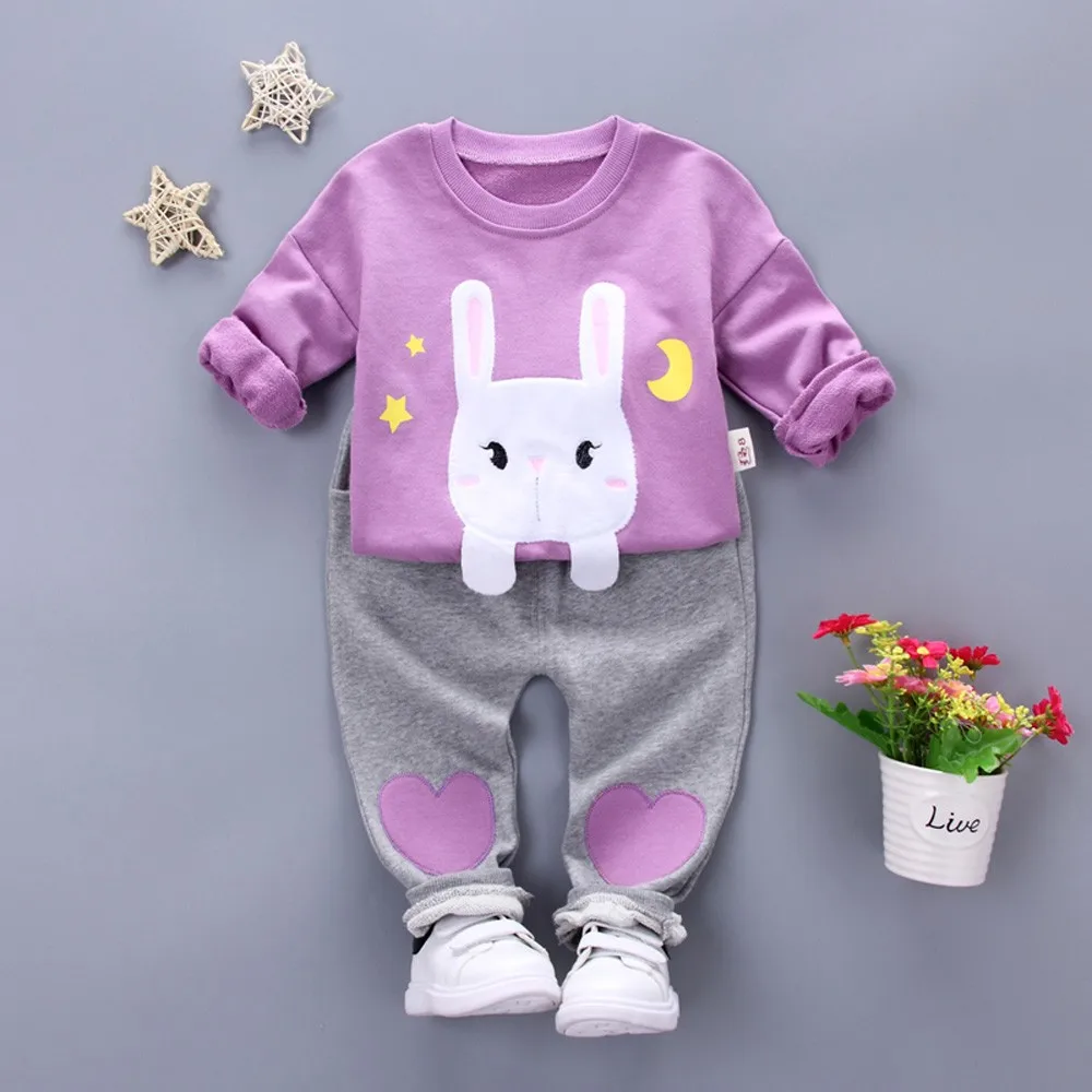 

Toddler Baby Girl Long Sleeve Rabbit Print Pullover Tops Loving Heart Pants Set Nouveau Nee Fille Kid Clothes 2019 Roupa Menino