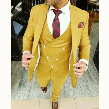 

Bridalaffair New Yellow Groom Tuxedo Suit 2019 Custom Made Men Suits Terno Slim Fit Peaked Lapel Men Wedding Prom Suits 3 Pieces