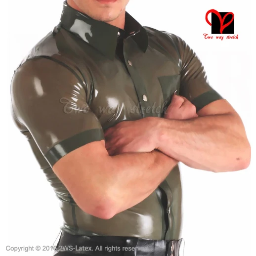 Militay Latex uniform button turn down collar pocket Tee shirt Rubber Top Gummi blouse clothing clothes Transparent green SY-025 3