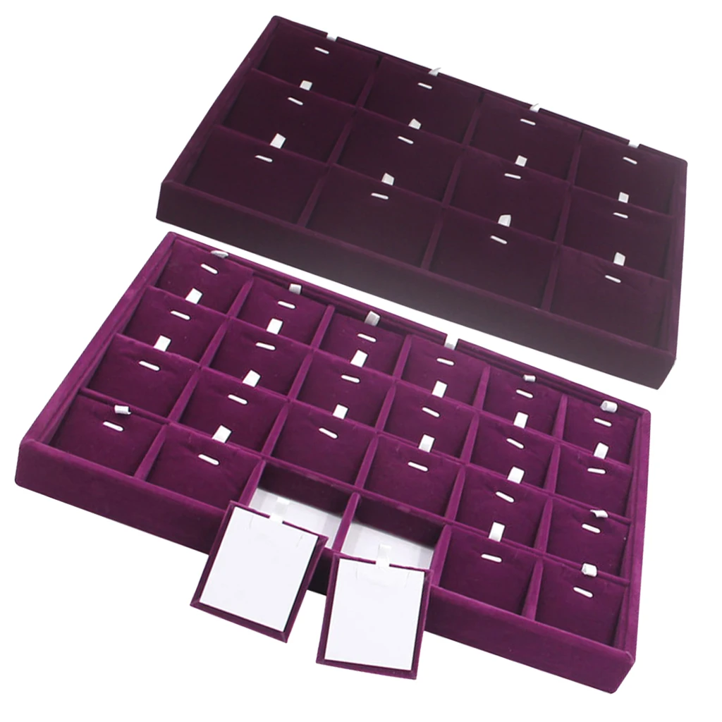 Multifunctional 12/24 Compartment Display Jewelry Showcase Tray Purple Velvet Removable Insert Pillow Card