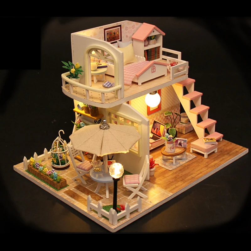

DIY Miniature DollHous With LED Light Furnitures Creative Doll House Assembled Wooden Model Toys Gift Pink Loft M033 #E