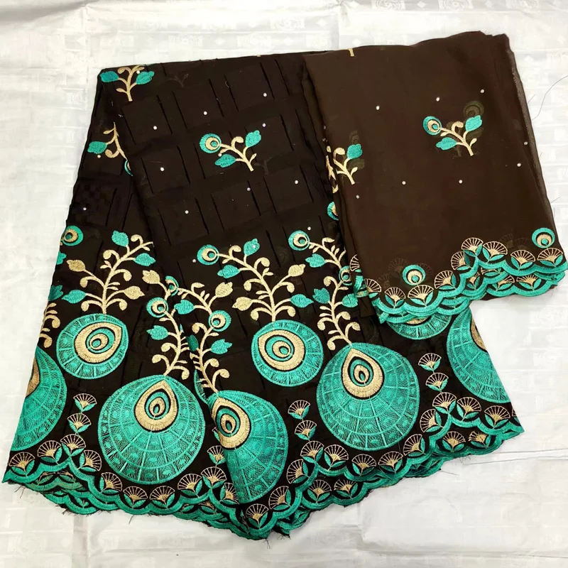 

5+2yards/set High quality coffee color African Swiss voile lace fabric with embroidery plus chiffon lace for party dress DBL17