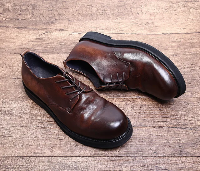 Men Fashion Round Toes Genuine Leather Lace Up Pleated Retro Handmade ...