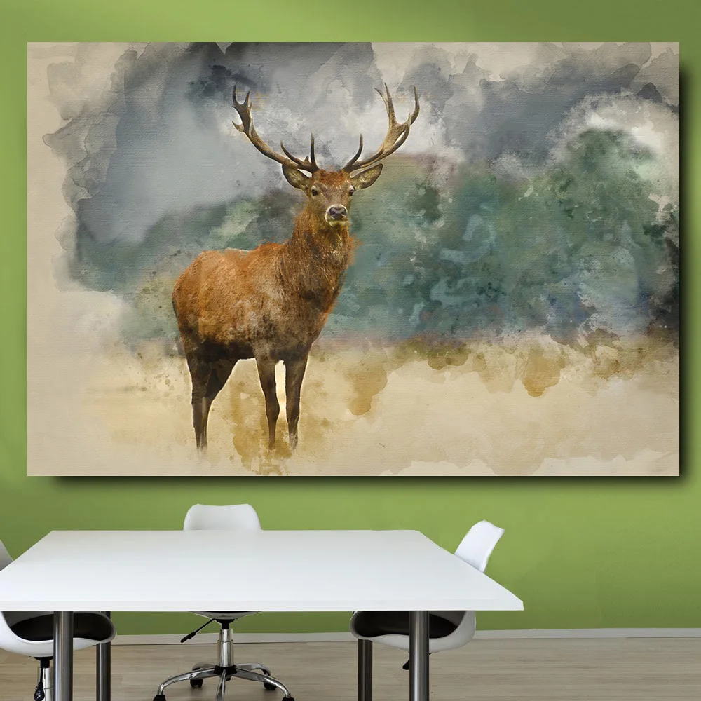 Embelish Red Deer In Forest Landscape HD Canvas Oil Painting For Living