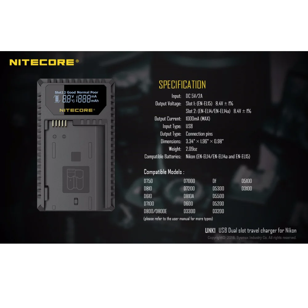 Nitecore UNK1 цифровое USB зарядное устройство для аккумуляторов Nikon EN-EL14, EN-EL14a и EN-EL15-Совместимо с Nikon D7000 D3100 D750